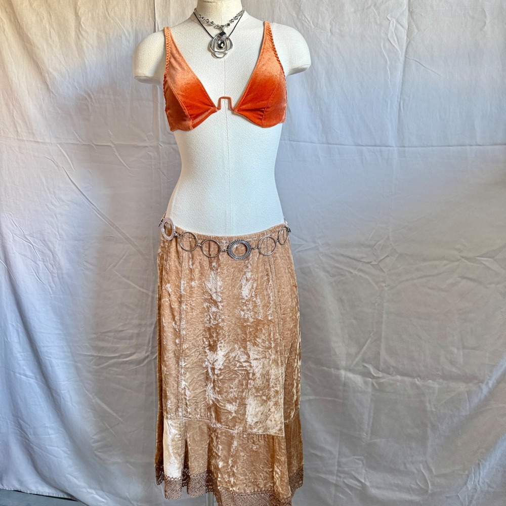 J.Jill Velvet Midi Skirt‎ L Gold Brown Crochet Trim Earthy Boho Grunge Y2K Fairy